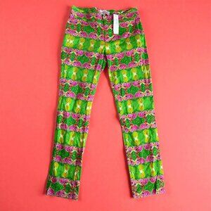 LAUREN GOLD Flamingo Print Green Pink Ankle Pants Size 0 NEW NWT